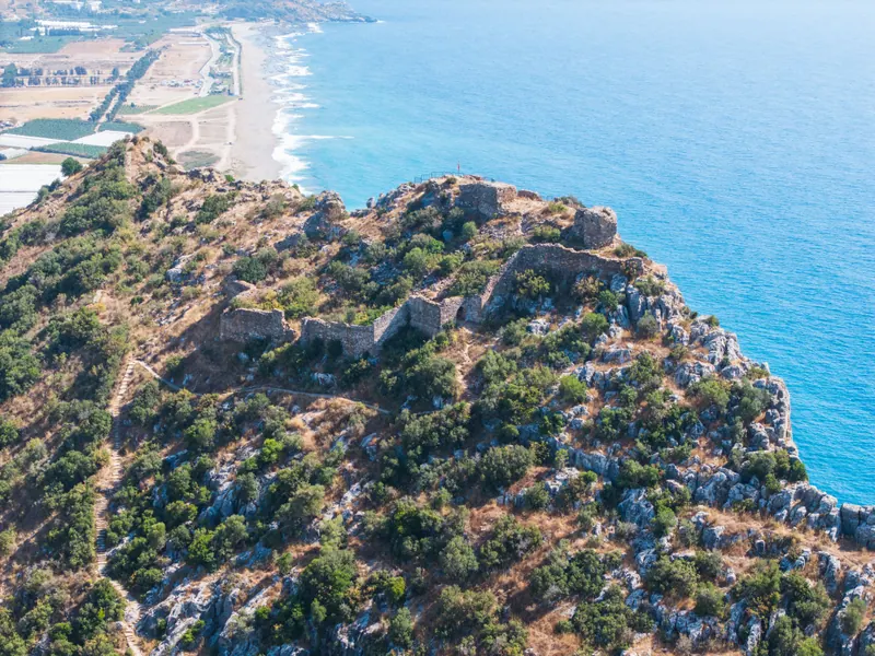 Aerial view of the acropolis walls of the ancient city of Selinus on a hill above the sea
